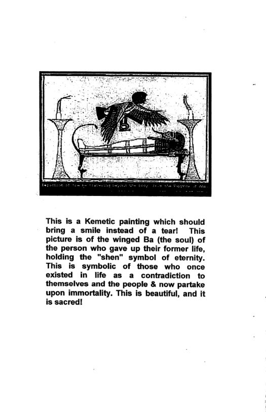 This is a Kemetic painting which should bring a smile instead of a tearl This picture is of the winged Ba (the soul) of the person who gave up their former life, holding the "shen" symbol of eternity. This is symbolic of those who once existed in life as a contradiction to themselves and the people & now partake upon immortality. This is beautiful, and it is sacred!